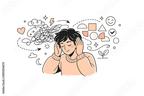 Mental health awareness. A character holding their head gently while colorful abstract thoughts transform into