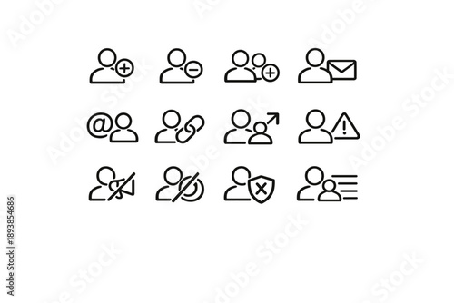 Social profile icons. Line outline icon set of Social profile icons: follow user, unfollow user, add friend,