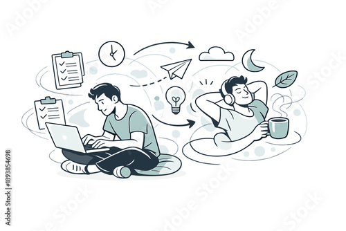 Balanced productivity state. A person smoothly transitioning between deep focus and short rest, coffee cup and