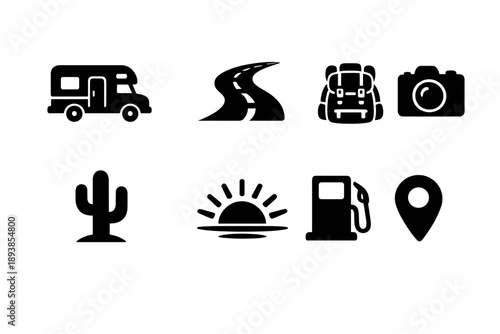 Adventure summer travel. Filled icon set of Adventure summer travel: camper van, winding highway, backpack,