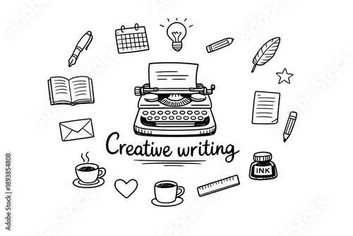 Creative writing. Hand-drawn doodle illustration of Creative writing. In the middle, one slightly larger