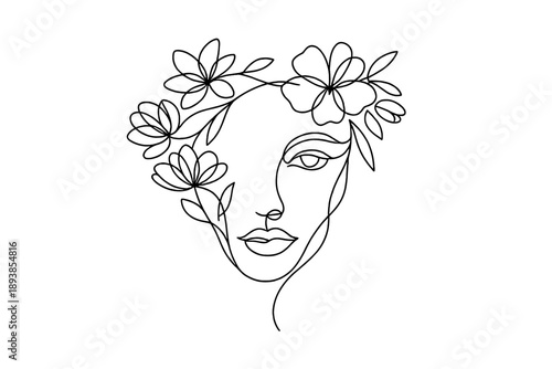 Abstract floral visage. Minimalistic one-line drawing abstract human face emerging from flowers with flowing