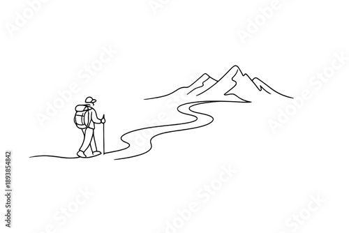 Minimalist Travel Adventure. "Adventure journey". Minimalistic one-line drawing of a traveler walking along a