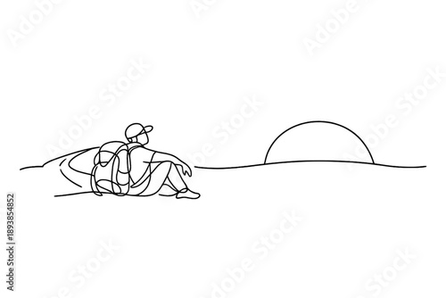 "Traveler with backpack: solo adventure". Minimalistic one-line drawing of a traveler resting with backpack