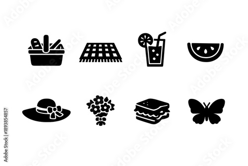 Summer picnic scene. Filled icon set of Summer picnic scene: picnic basket, checkered blanket, lemonade glass,