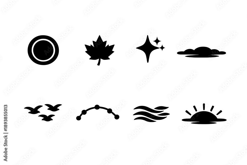 Fototapeta premium Autumn starlit sky. Filled icon set of Autumn starlit sky: moon halo, maple leaf, star sparkle, thin cloud