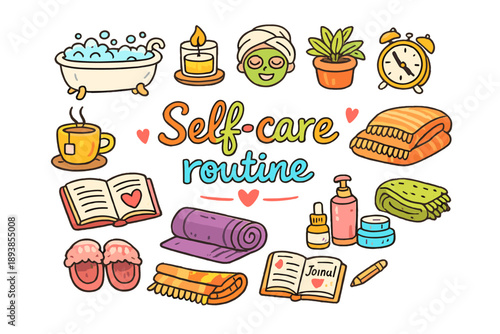 Self-care routine illustration. Hand-drawn doodle illustration of Self-care routine illustration. bathtub,