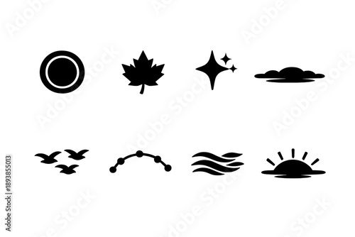 Autumn starlit sky. Filled icon set of Autumn starlit sky: moon halo, maple leaf, star sparkle, thin cloud