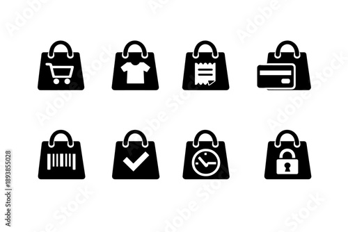 Shopping and Purchase. Filled icon set of Shopping and Purchase: bag with cart, bag with item, bag with