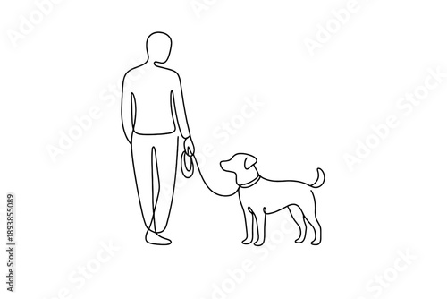 Caring Companion. Minimalistic one-line drawing person holding leash while pet stands calmly next to them,