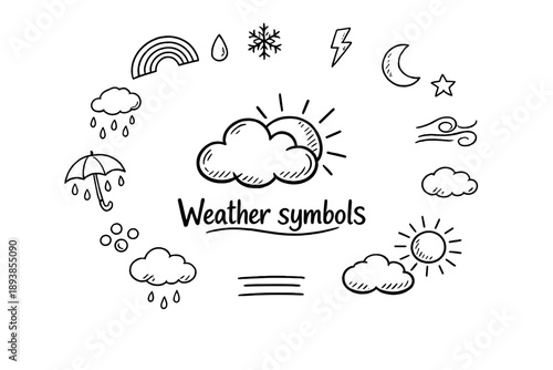 Weather symbols. Hand-drawn doodle illustration of Weather symbols. In the middle, one slightly larger central