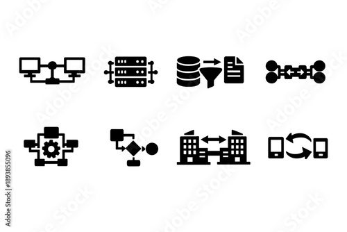 System interoperability. Filled icon set of System interoperability: system connection, middleware layer, data