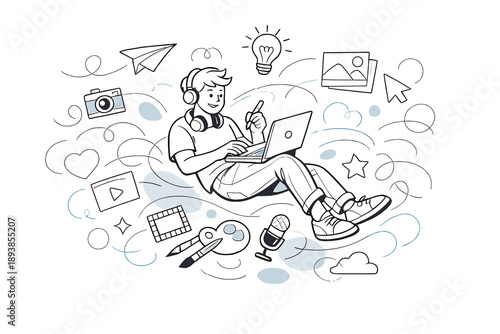 Creative freedom concept. A content creator working anywhere, abstract shapes, ideas, and tools flowing freely