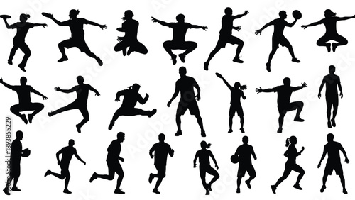 Black Silhouette Vector Set of Athletes Performing Dynamic Sports Movements Including Running Jumping Throwing Frisbee and Catching Balls in Action Poses