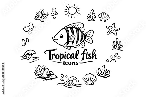 Tropical fish icons. Hand-drawn doodle illustration of Tropical fish icons. In the middle, one slightly larger