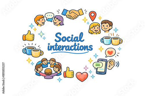 Social interactions. Hand drawn illustration of Social interactions. talking faces, chat bubbles, handshake