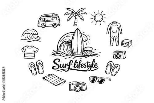 Surf Lifestyle Doodles. Surf lifestyle. Hand-drawn doodle illustration of Surf lifestyle. In the middle, one