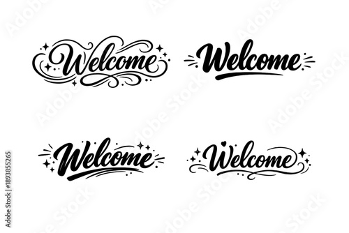 Hospitality mood. Create a calligraphy lettering illustration of the phrase: Welcome. Render 4 variations of