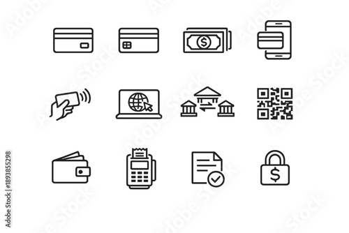 Payment method icons. Line outline icon set of Payment method icons: credit card, debit card, cash payment,