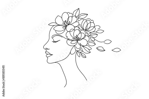 Floral Woman Portrait. Minimalistic one-line drawing woman face blended with blooming flowers and flowing