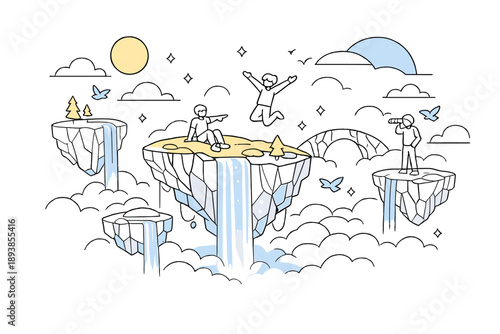 Skyborne Islands. Floating islands with waterfalls: sky archipelago. Massive rocky islands hovering in the