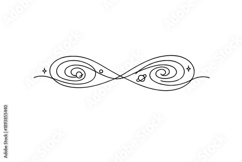 "Galaxy inspiration: infinite cosmos". Minimalistic one-line drawing of an endless galaxy loop suggesting