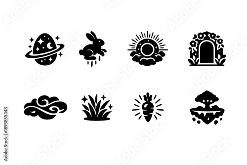 Cosmic Easter Icons. Easter fantasy vision. Filled icon set of Easter fantasy vision: cosmic egg, levitating