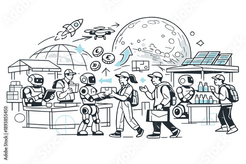 Martian Trade Hub. Future trade hub on Mars. People and robots gather around modular stalls, exchanging goods