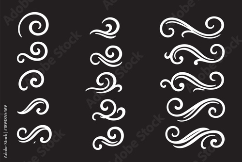 Black swooshes and swirls with text swash elements. Vector typography designs on white background. Text underline decoration set with decorative flourishes and artistic calligraphy ornament collection
