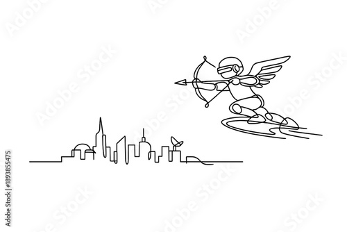 "Cyber romance cupid". Minimalistic one-line drawing cupid with bow gliding through neon-style city skyline