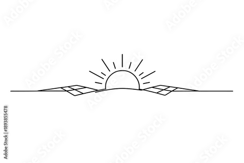 "Solar energy concept: sustainable future". Minimalistic one-line drawing of a sun rising above a clean