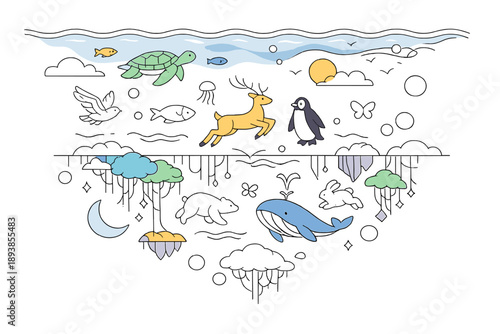 Surreal environmental art: inverted world ecosystem. An upside-down landscape with oceans in the sky and trees