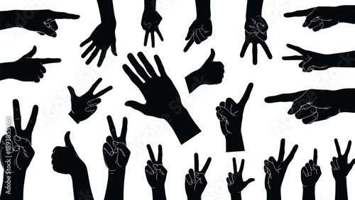 Black Silhouette Vector Set of Human Hand Gestures: Pointing, Peace Sign, Thumbs Up, and Victory Symbol for Communication, Non-verbal Language, and Body Expression Graphics