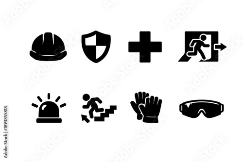 Safety Icons Collection. Safety Warnings. Filled icon set of Safety Warnings: safety helmet, safety shield,