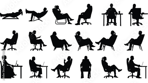 Black Silhouette Vector Set of People Sitting in Office Chairs Working on Laptops and Relaxing in Lounge Furniture for Business Lifestyle