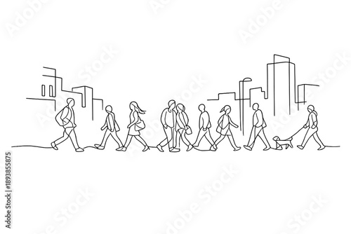 "Urban life scene". Minimalistic one-line drawing of people walking along a city street with buildings and