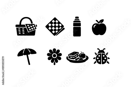 Sunny outdoor picnic. Filled icon set of Sunny outdoor picnic: wicker basket, picnic cloth, water bottle,