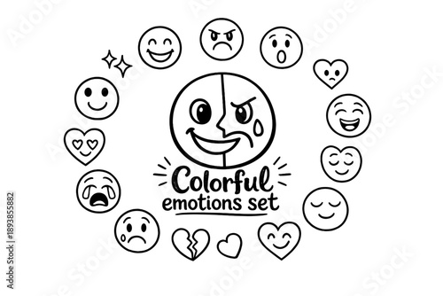 Colorful emotions set. Hand-drawn doodle illustration of Colorful emotions set. In the middle, one slightly