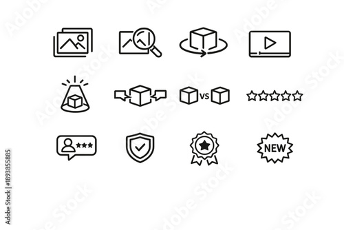 Product presentation icons. Line outline icon set of Product presentation icons: product gallery, zoom image,