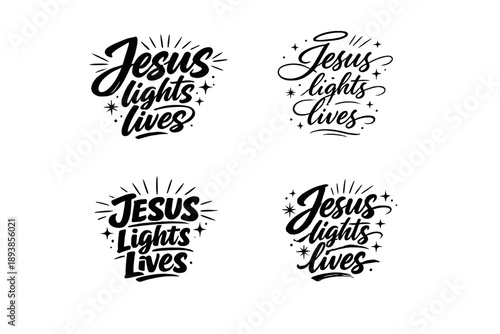 Divine light. Create a calligraphy lettering illustration of the phrase: Jesus lights lives. Render 4