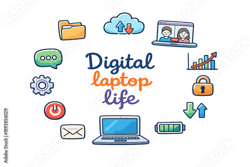 Digital laptop life. Hand drawn illustration of Digital laptop life. laptop with apps, cloud storage icon,