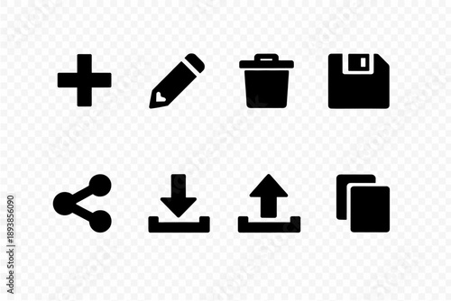 Toolbar Icons. Filled icon set of Toolbar Icons: add, edit, delete, save, share, download, upload, copy. Solid