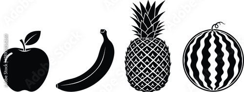 Black silhouette set of fresh tropical and garden fruits including apple banana pineapple and watermelon for healthy food and nutrition design,