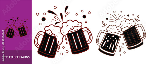 Two cartoon styled beer mugs clinking together with a splash effect, a symbol of celebration or a toast