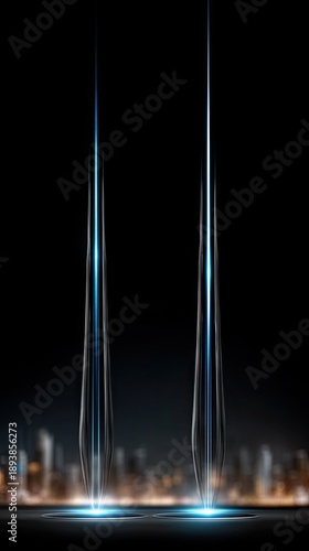 Blue light rays shine on a dark floor with smoke, creating an empty area suitable for product presentation or design projects