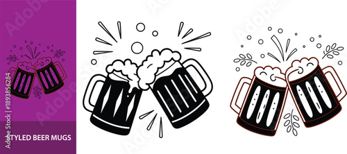 Two cartoon styled beer mugs clinking together with a splash effect, a symbol of celebration or a toast