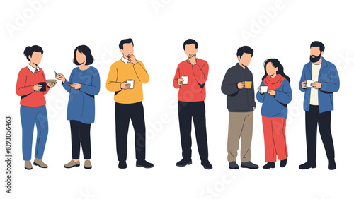 Diverse group of people standing in a row wearing colorful sweaters and holding white coffee mugs together.