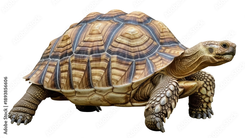 Obraz premium Isolated Tortoise reptile, with patterned shell, walking forward, animal portrait view