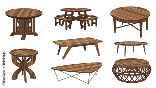 Collection of various wooden table designs including round picnic and modern coffee tables on a white background.