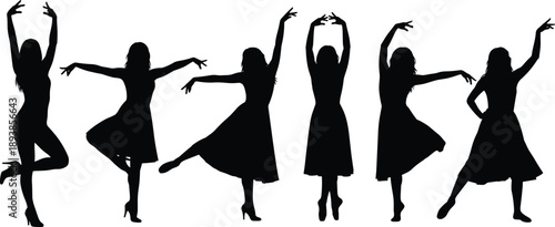 Black silhouette set of graceful women dancing in various elegant poses including ballet and contemporary styles for artistic performance design,